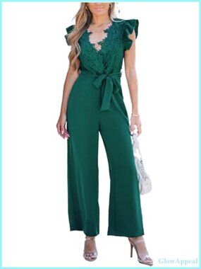 Dressy Lace Maxi Jumpsuit Sleeveless Romper V Neck Belt Pockets